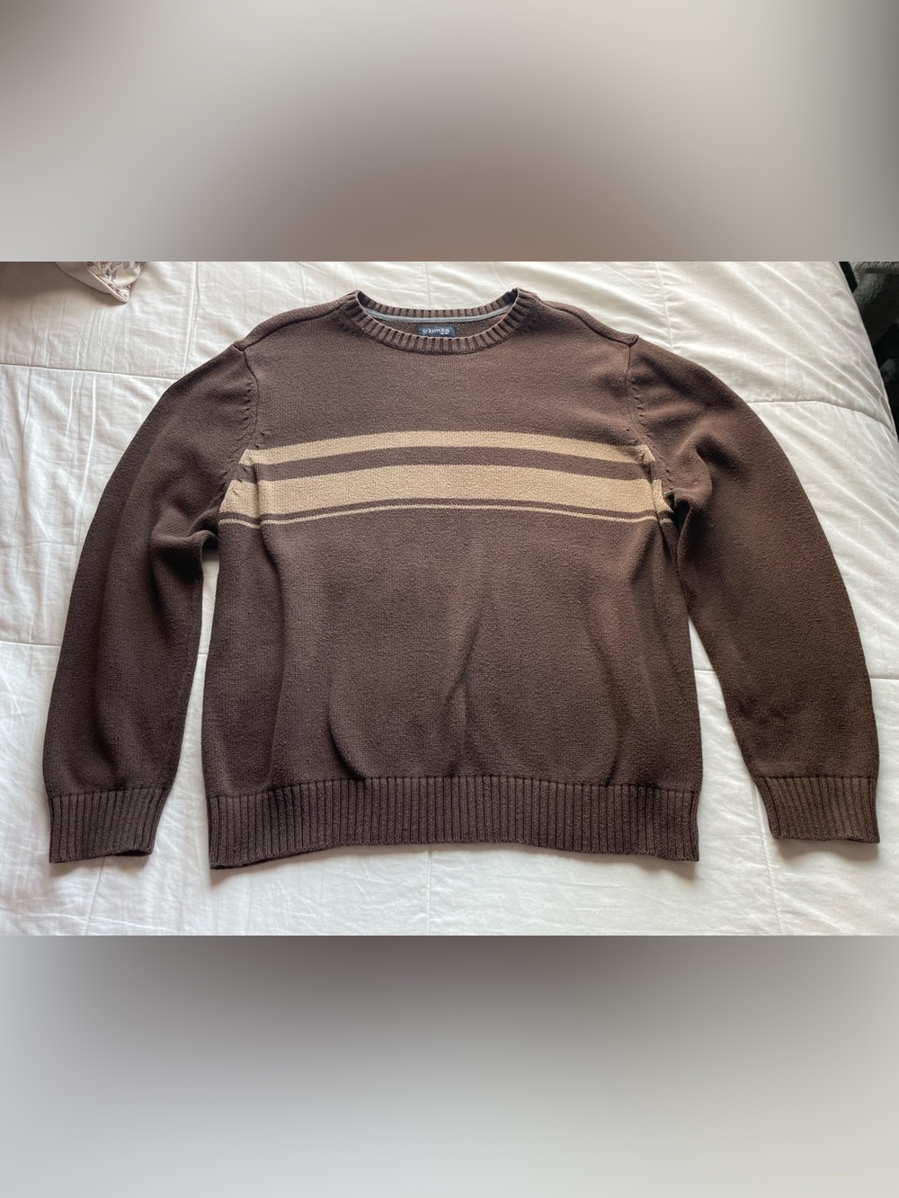 90s Vintage Brown Tan Stripe Cotton Chunky Crewneck Sweater XL Cotton Preppy Y2K